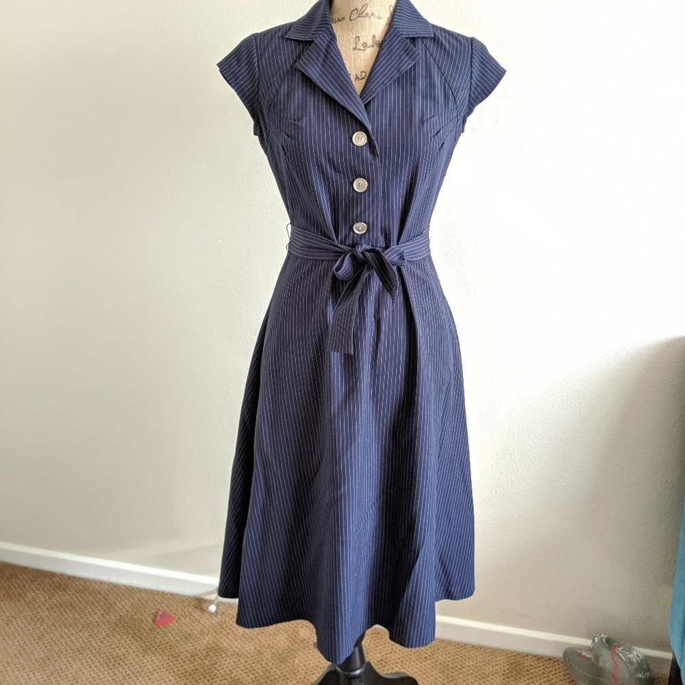 EUC Vintage Calvin Klein Navy Pinstripe Midi Dress